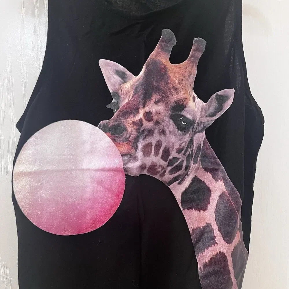 H&M Giraffe Blowing Bubble Gum Black Tank Top Girls Size 10-12 yrs
